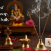 Dhoop sticks burning during daily spiritual practice with natural aroma, diya, and devotional setup.